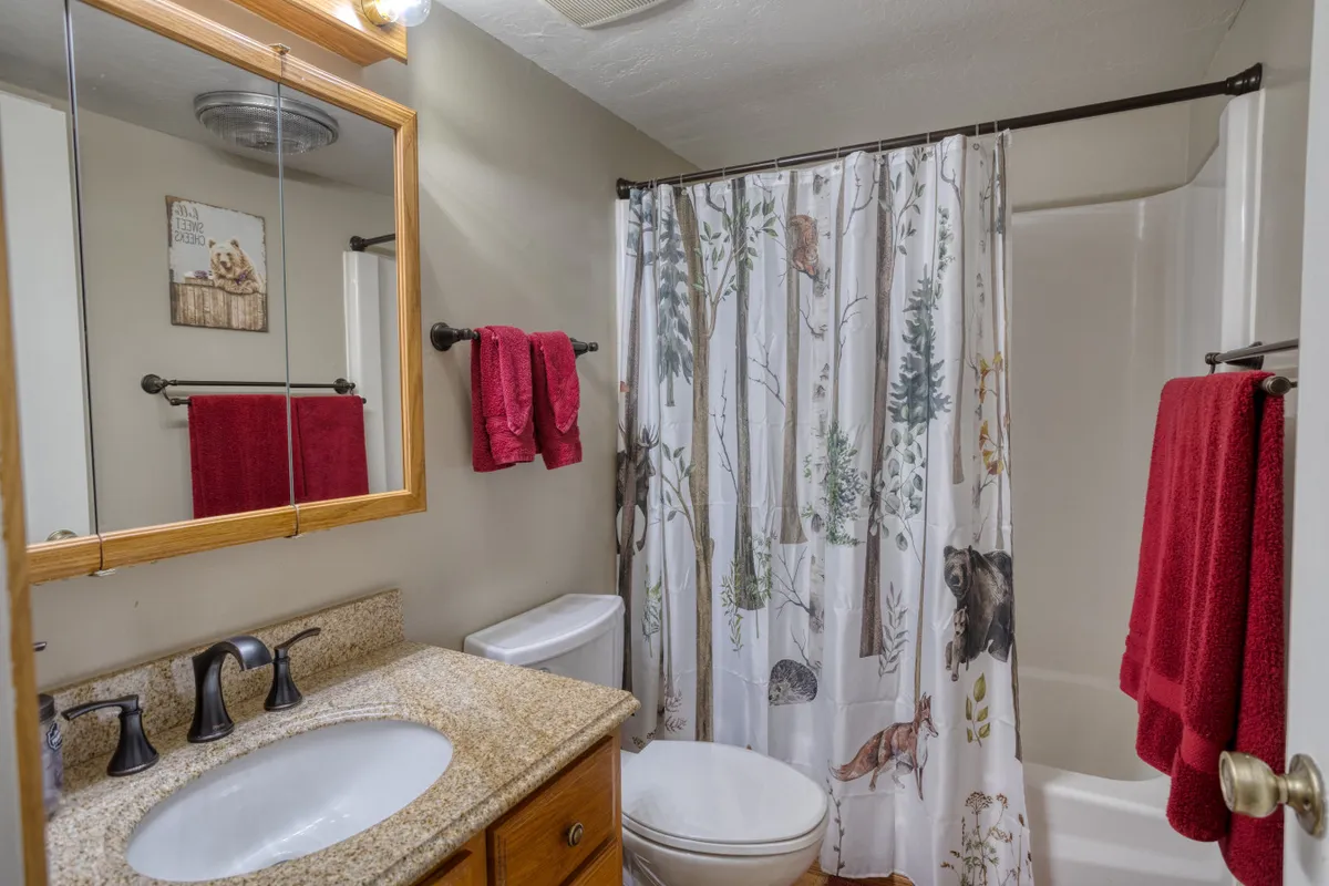 A well-lit bathroom featuring a granite countertop, playful animal-themed shower curtain, and red towels. The space exudes a sense of coziness and functionality—perfect for winding down after a day’s adventure.